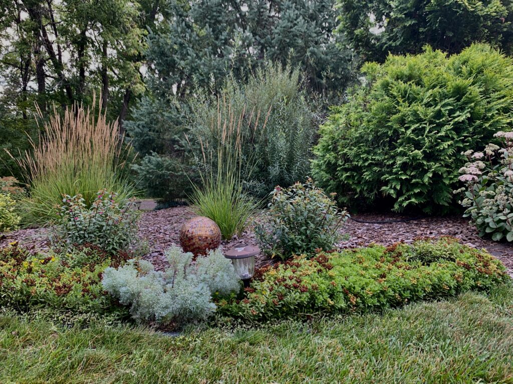 This garden in White Bear Lake showcases landscape design elements using various heights, colors and shapes to create a pleasant garden.